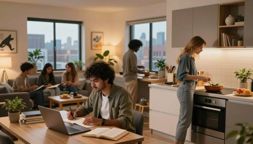 A cozy international student accommodation scene featuring a diverse group of young adults engaging in various activities. In the foreground, a South Asian student in casual attire is studying at a desk, surrounded by books and a laptop, while a young Caucasian woman prepares a meal in a well-equipped kitchen. The middle ground reveals a comfortable living area with a couch, plants, and a window showcasing a city skyline. In the background, the ambiance is warm and inviting, with soft lighting creating a peaceful atmosphere. The room reflects a blend of cultures with artwork and decorations from various countries. The image captures the essence of preparing for living abroad and fostering a supportive community.