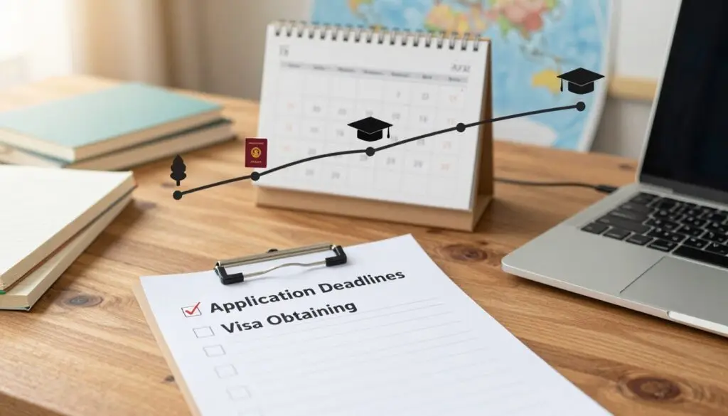 A visually engaging timeline illustrating the preparation for studying abroad, showcasing key milestones. In the foreground, a checklist with prominent items like "Application Deadlines" and "Visa Obtaining" on a wooden desk, with a laptop and travel books. The middle layer features a calendar prominently displaying dates, alongside icons representing different stages like a passport and graduation cap. The background includes a soft-focus image of a global map and study materials. Warm, natural lighting enhances the cozy, focused atmosphere, shot from a slight overhead angle to provide depth. The overall mood conveys excitement and organization, appealing to students preparing for an international educational journey.