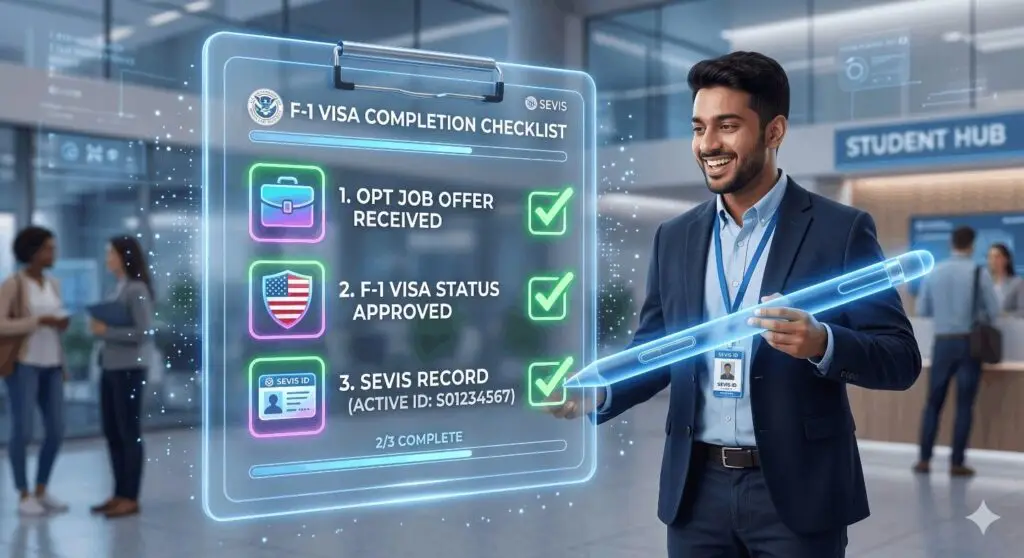 International F-1 student completing the Day 1 CPT application checklist including job offer, SEVIS update, and visa compliance.