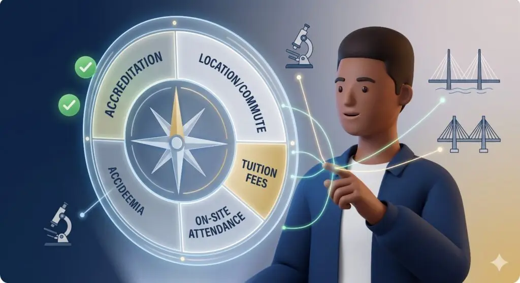 International student analyzing a large holographic decision compass with segments like 'ACCREDITATION', 'LOCATION/COMMUTE', and 'TUITION FEES' to strategically choose a Day 1 CPT program.