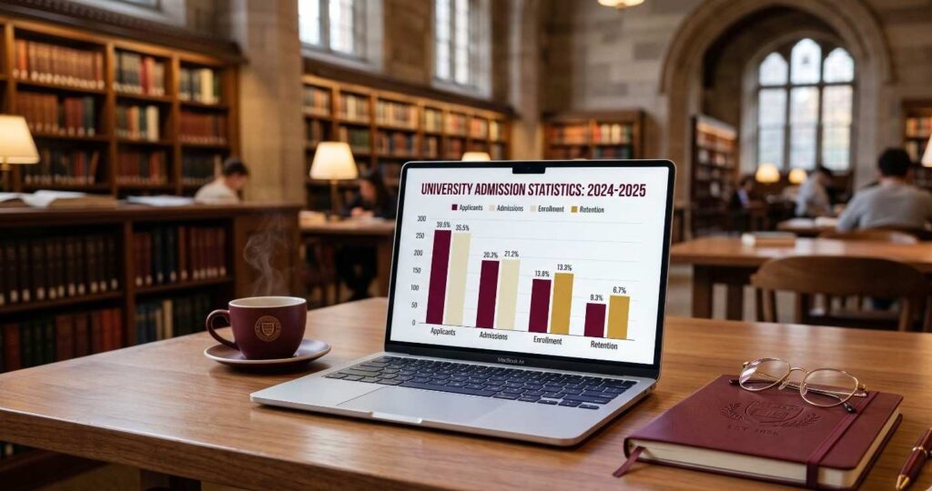 Professional desk setup with a laptop displaying Fordham University admission statistics and acceptance rate data for international applicants.