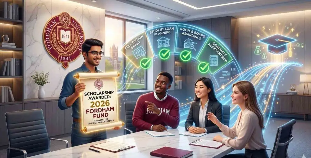 Professional 3D illustrative rendering of diverse F-1 international students gathered in a stylized Fordham University Dean's office, holding an illuminated personalized 'SCHOLARSHIP AWARDED: 2026 FORDHAM FUND' certificate, with holographic segments visualizing 'FULL TUITION GRANT' and other financial aid options.