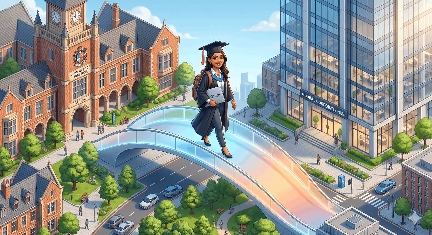 3D illustration showing the smooth transition from Indiana Wesleyan University campus to a corporate job under the Day 1 CPT program for F-1 students