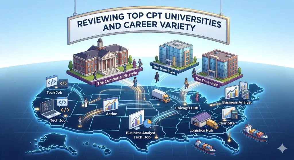 Illustrative 3D visualization showing distinct stylized university buildings connected by data pathways to various job opportunity icons across a glowing USA digital map, representing Day 1 CPT options.