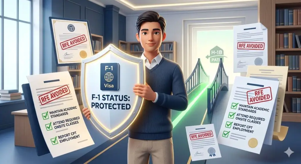 F-1 international student holding a conceptual protective shield marked 'F-1 STATUS: PROTECTED', surrounded by checklist documents with green checkmarks for academic compliance and RFE avoidance.