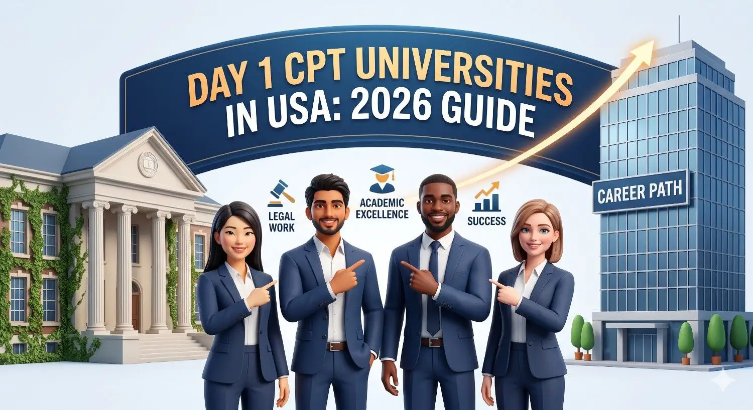 Modern professional illustrative 3D graphic showing diverse international students pointing confidently at a banner for the 'Top Day 1 CPT Universities in USA: 2026 Guide' with university and corporate buildings linked.