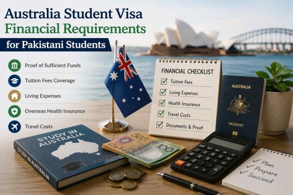 Australian student visa financial requirements for Pakistani students showing passport, Australian flag, calculator, financial checklist, tuition fees, living expenses, and proof of funds for the 2026 student visa application.