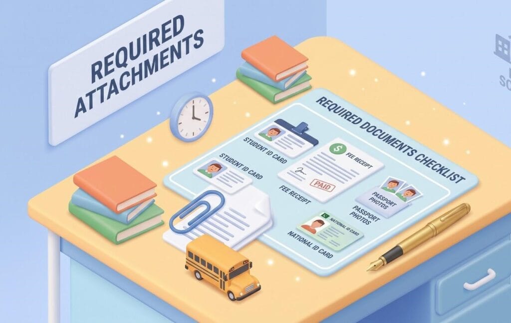 required documents to attach with an application for transfer certificate including student ID, fee receipt, and passport photos on a desk