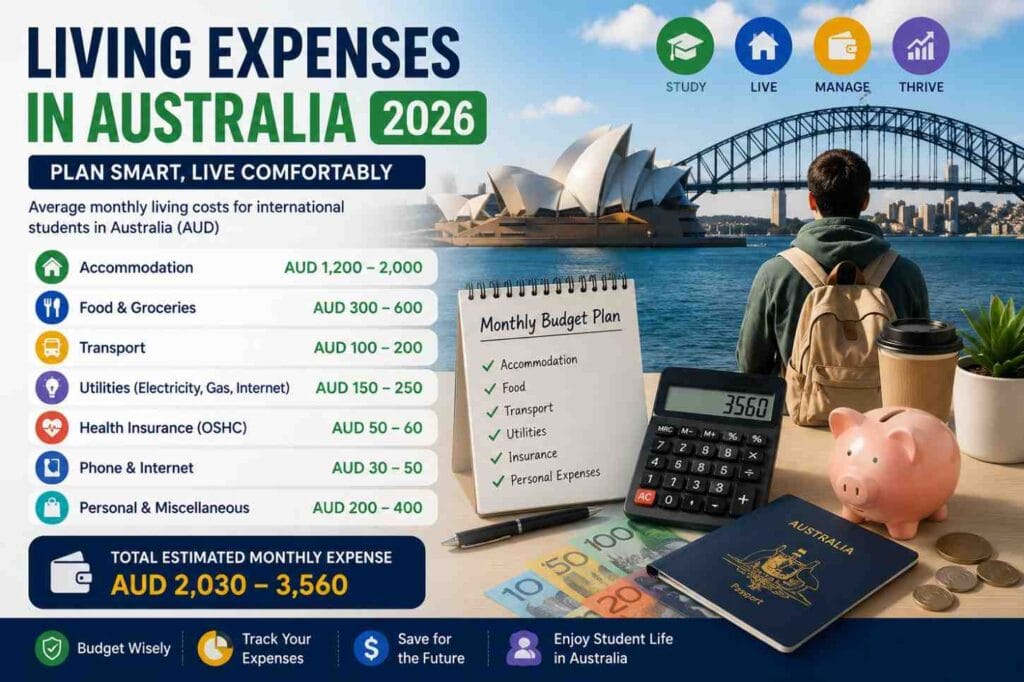 International student budgeting for living expenses in Australia 2026, showing accommodation, food, transport, utilities, and monthly living costs