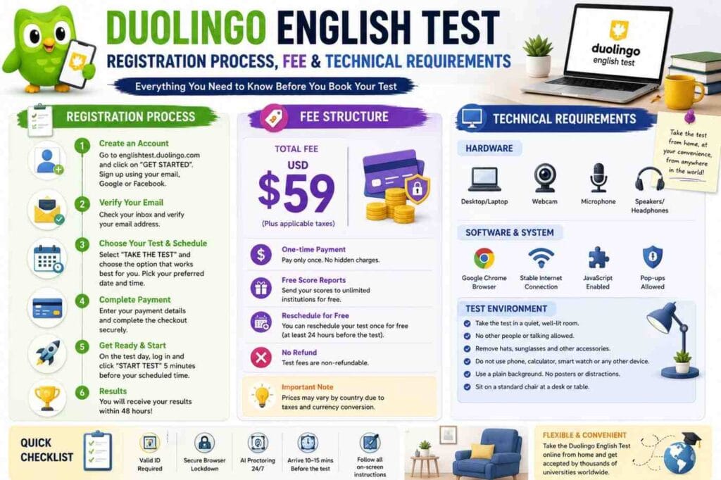Registration Process, Fee & Technical Requirements Duolingo English Test Format