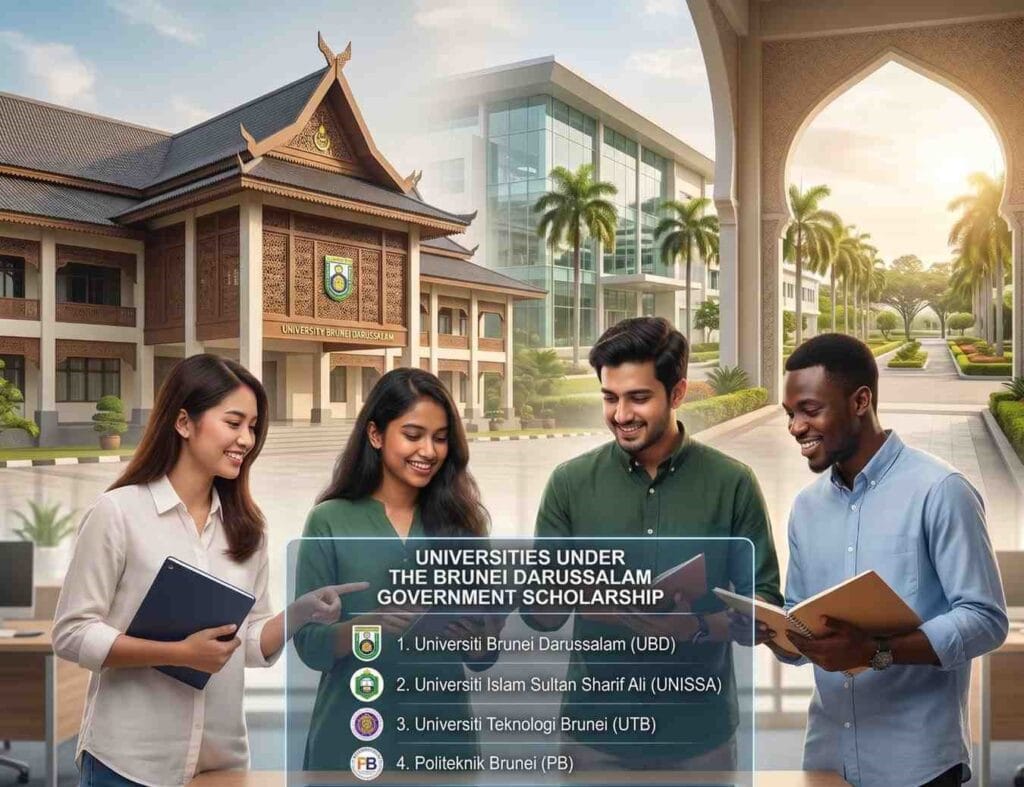A photo of four smiling international university students gathered around a futuristic transparent digital display table. Floating above the display is a numbered list with corresponding logos titled: 'UNIVERSITIES UNDER THE BRUNEI DARUSSALAM GOVERNMENT SCHOLARSHIP', listing: 1. Universiti Brunei Darussalam (UBD), 2. Universiti Islam Sultan Sharif Ali (UNISSA), 3. Universiti Teknologi Brunei (UTB), 4. Politeknik Brunei (PB). In the background are stunning traditional and modern university buildings under a clear sky.
