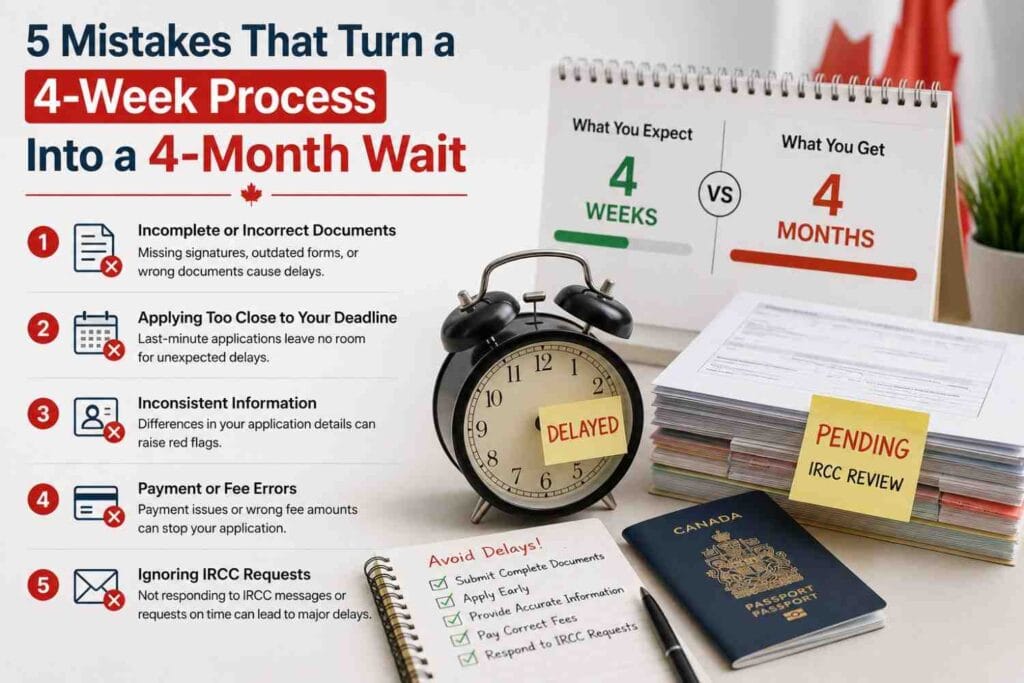 How long does Canada study permit take infographic explaining common application mistakes that delay processing time for study permit Canada