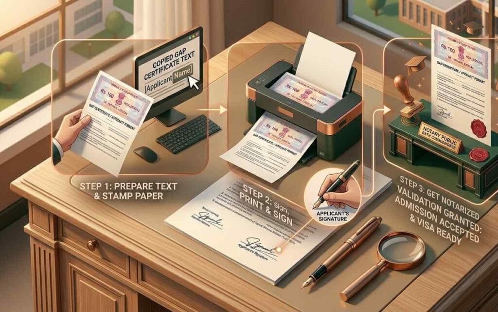 showing how to make your gap certificate format legally valid in India using Rs 100 stamp paper and notar