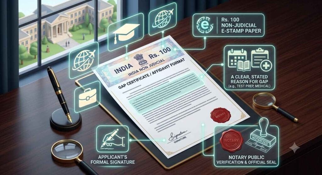 the legally valid components required for a proper gap certificate format in India, including e-stamp paper and notary seal. 