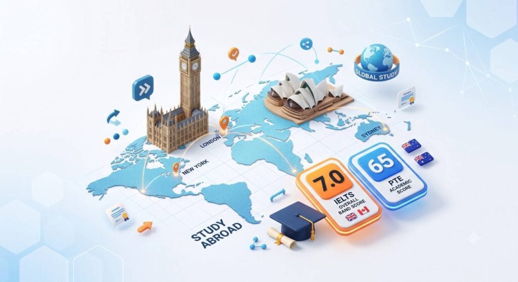 Global score mapping chart showing PTE and IELTS equivalents for UK and Australia immigration