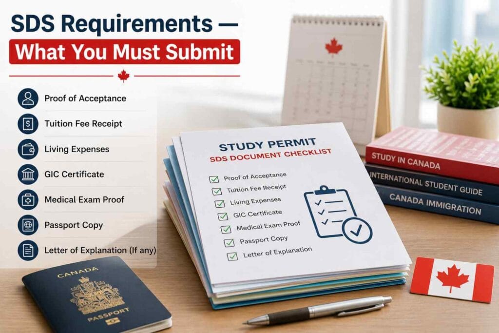 SDS Canada processing time document checklist showing Student Direct Stream requirements including GIC, tuition receipt, passport and acceptance letter