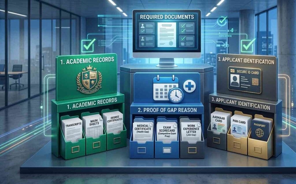 detailing the required supporting documents for a Gap Certificate application, including academic records, gap proof (medical/work), and applicant ID (Aadhaar/PAN/Passport)