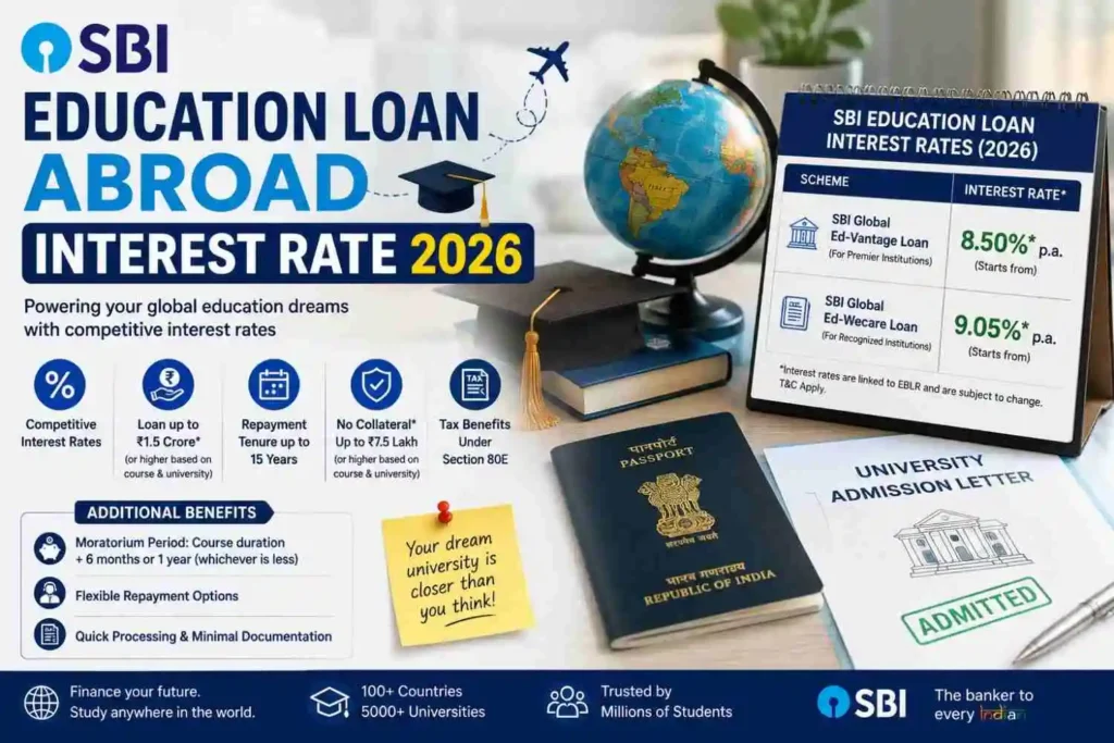 SBI education loan abroad interest rate 2026 showing education loan rates and financing benefits for international students.
