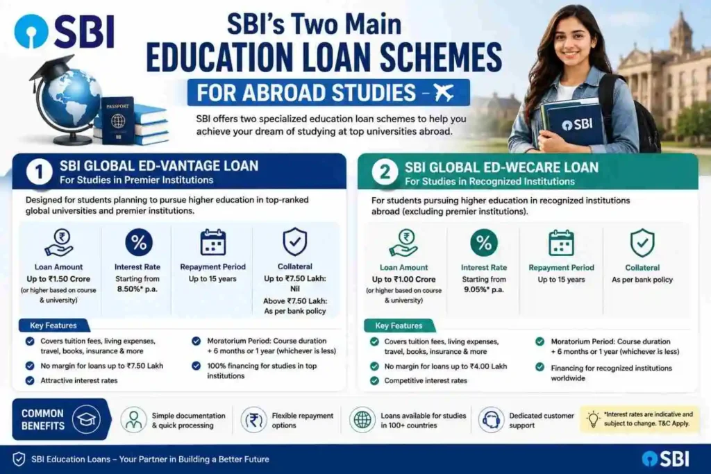 SBI education loan schemes for abroad studies comparing Global Ed-Vantage and Global Ed-WeCare loans.