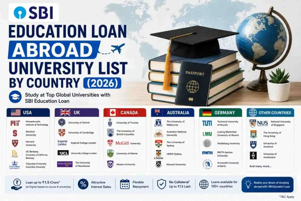 SBI education loan abroad university list by country 2026 featuring universities in the USA, UK, Canada, Australia, Germany and other countries.